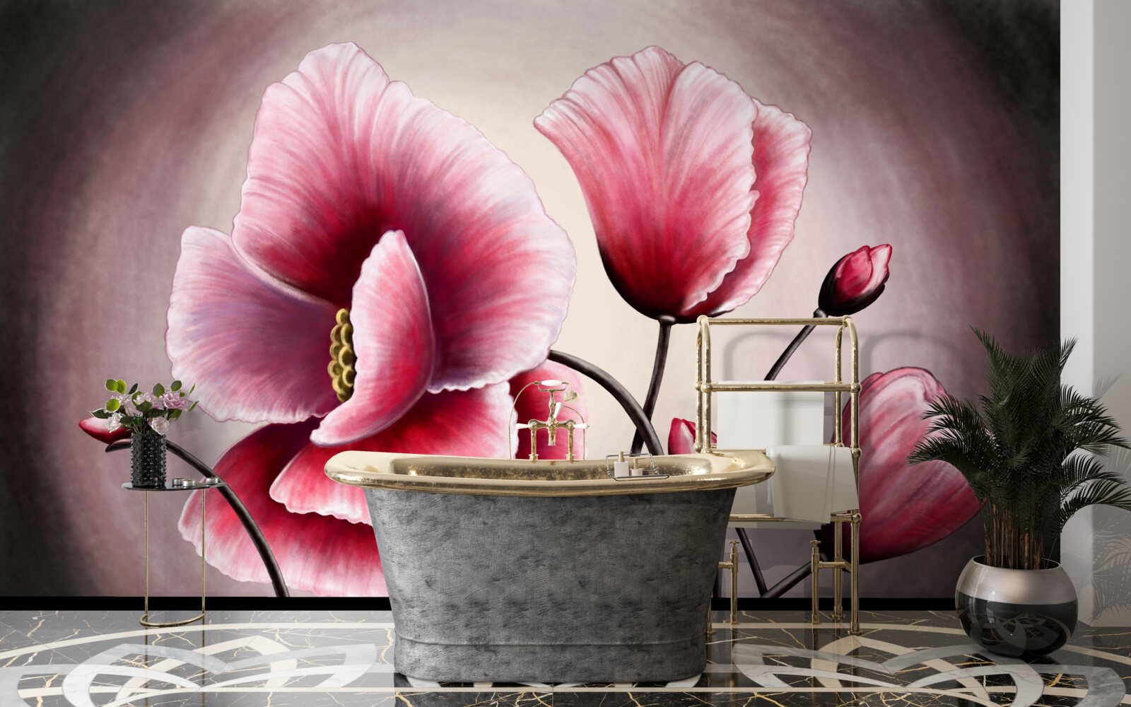 Papier peint coquelicots en fleurs roses