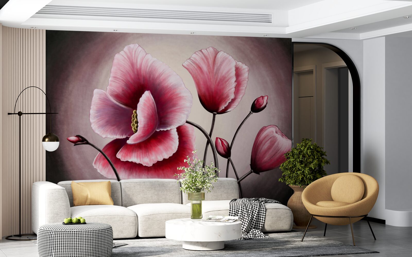 Papier peint coquelicots en fleurs roses