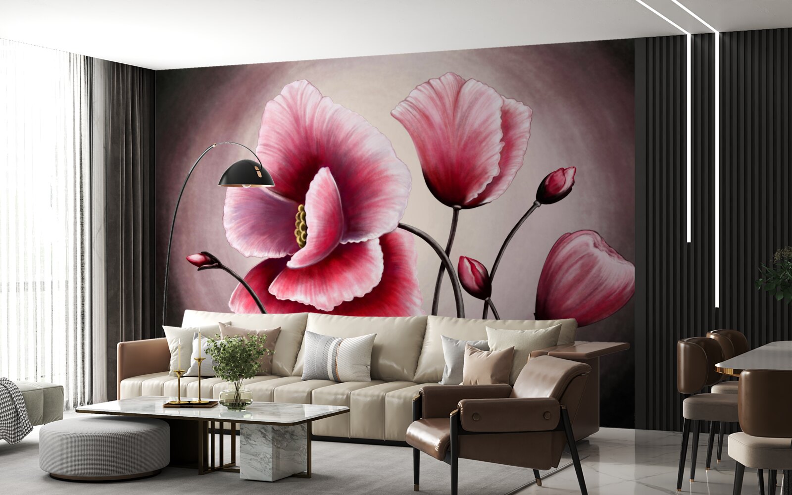 Papier peint coquelicots en fleurs roses