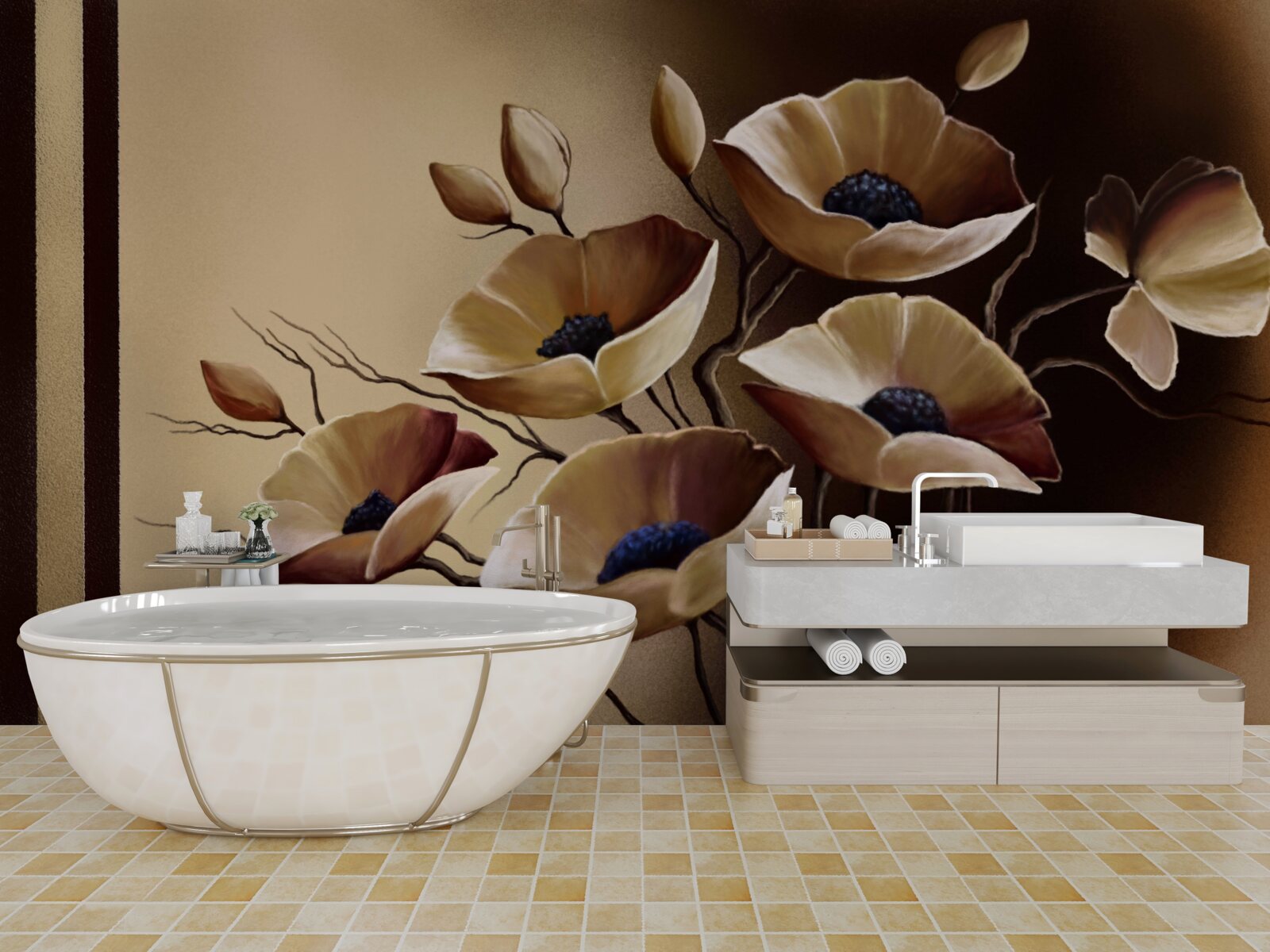 Papier peint coquelicots beiges dans un style abstrait