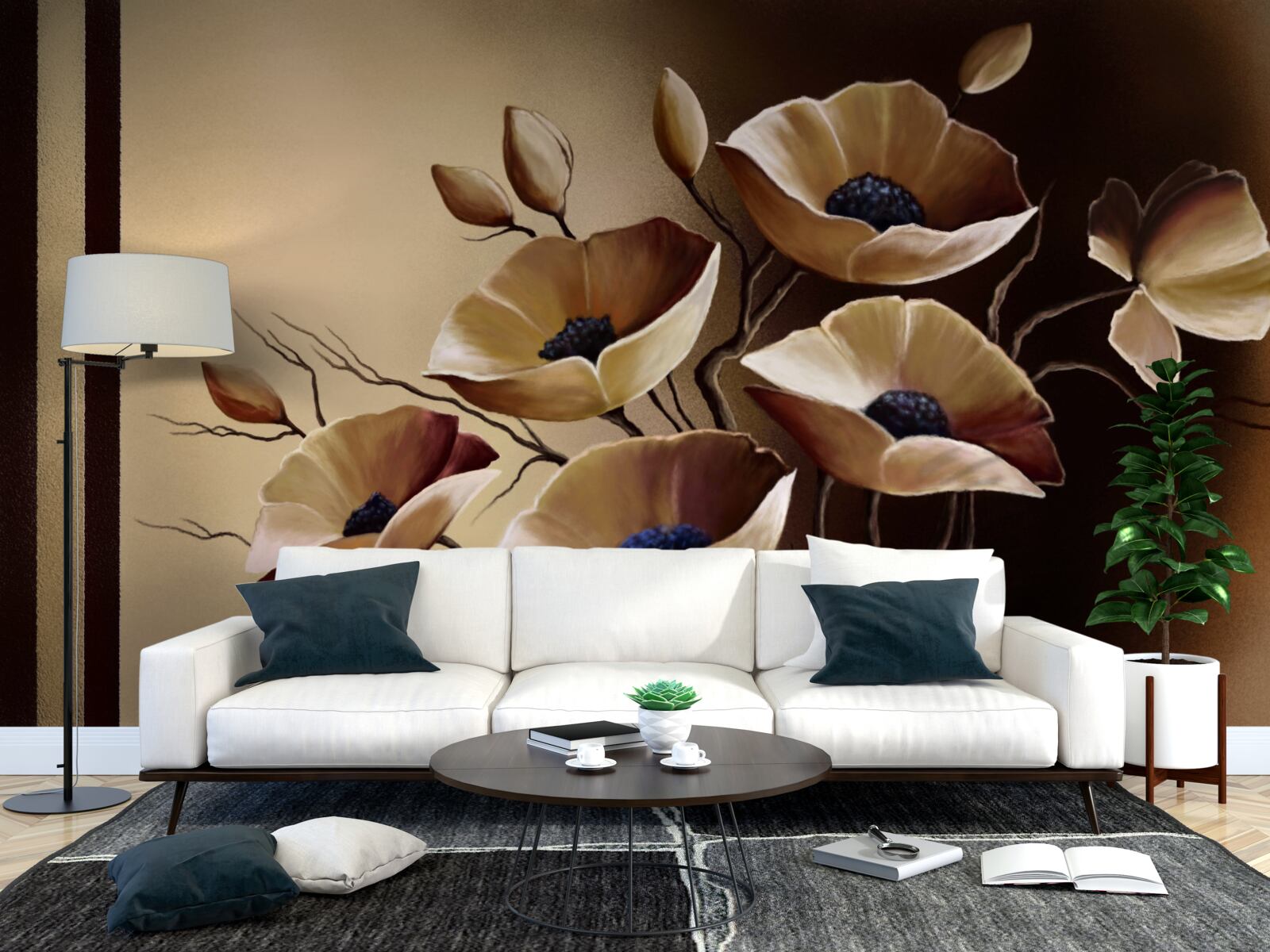 Papier peint coquelicots beiges dans un style abstrait