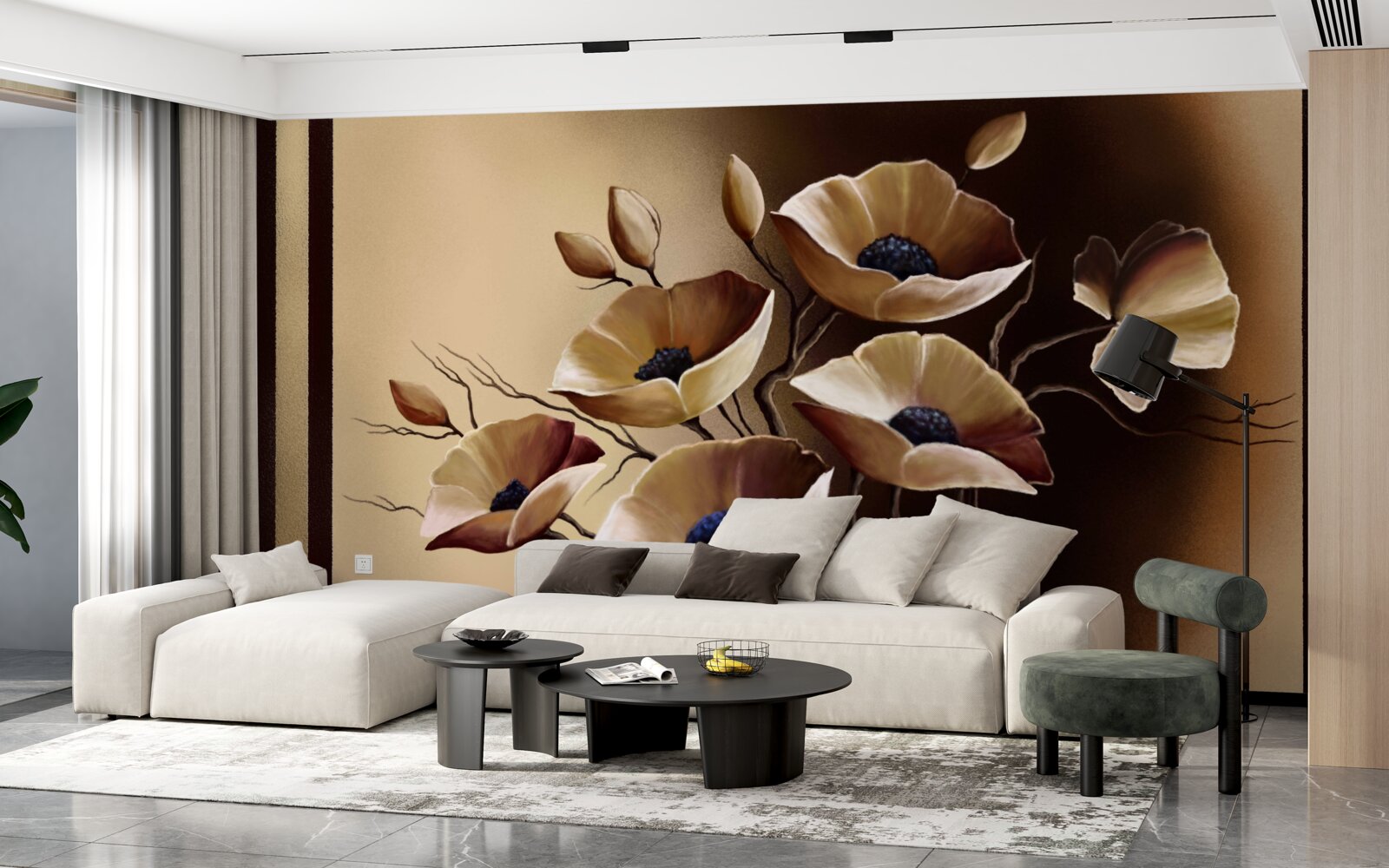 Papier peint coquelicots beiges dans un style abstrait