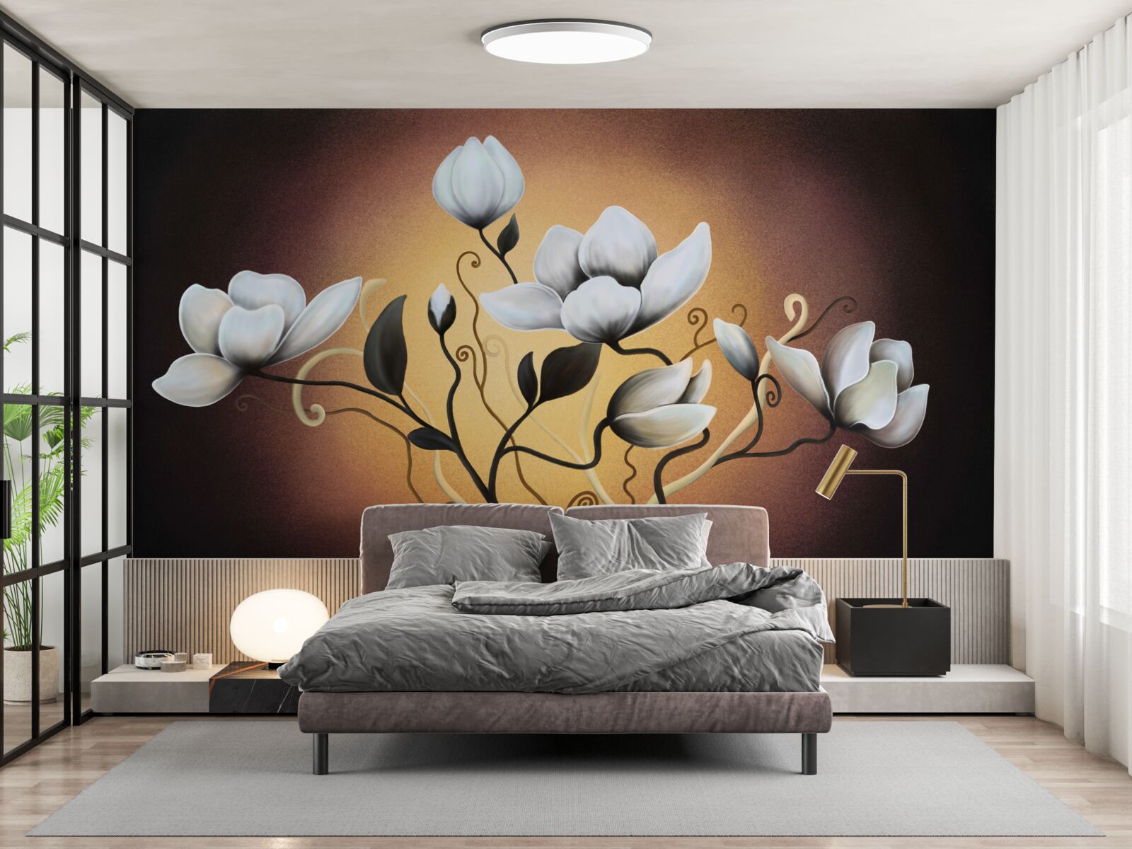 Papier peint magnolia bouquet de fleurs blanchâtres