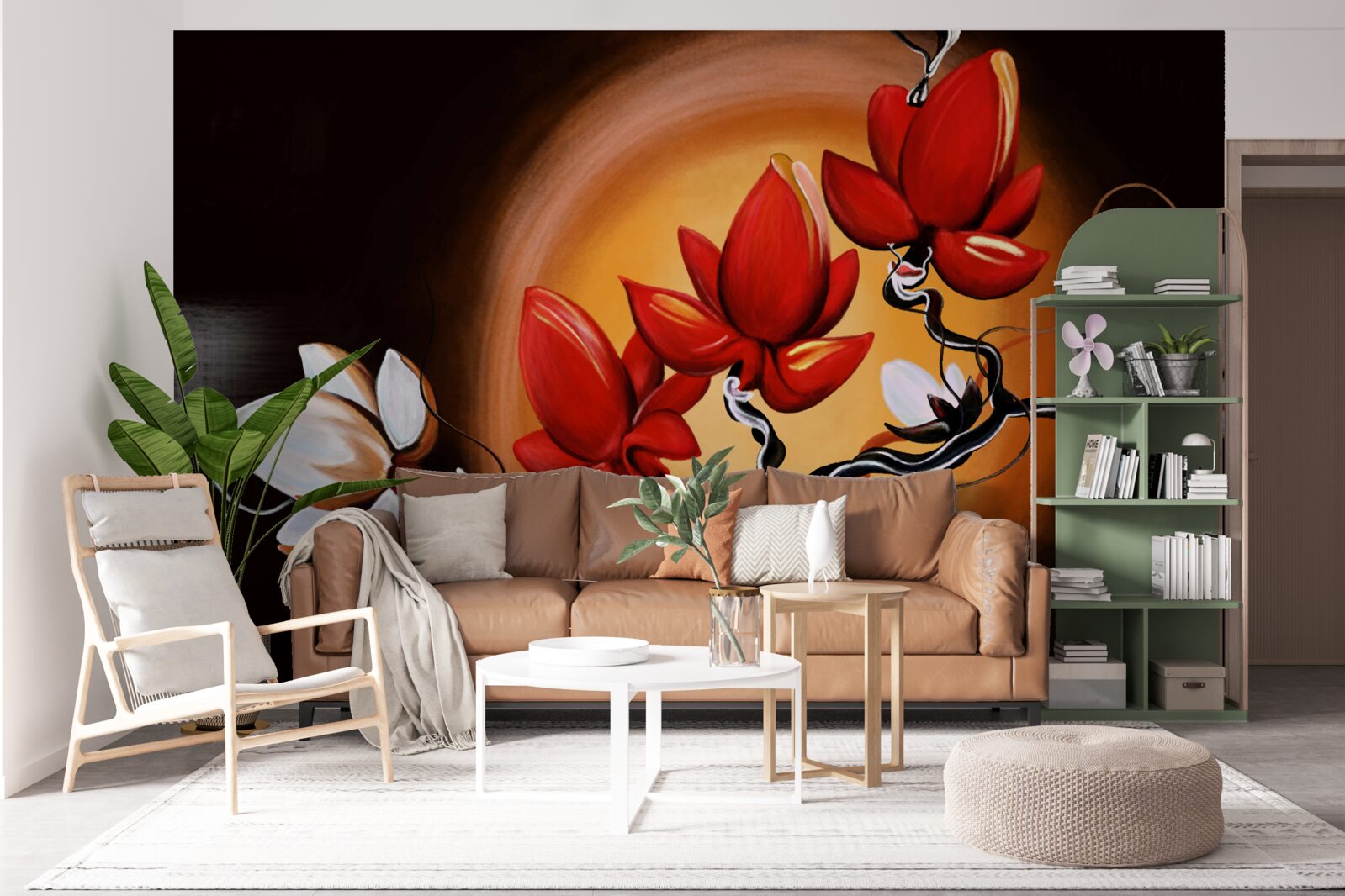Papier peint tronc de magnolia, peint dans des tons blancs et rouges