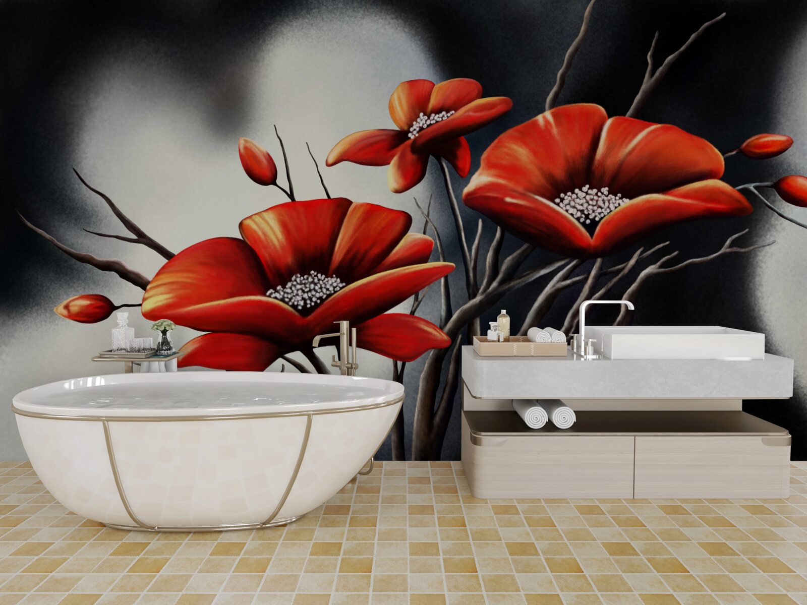 Papier peint fond noir décoré de coquelicots rouges