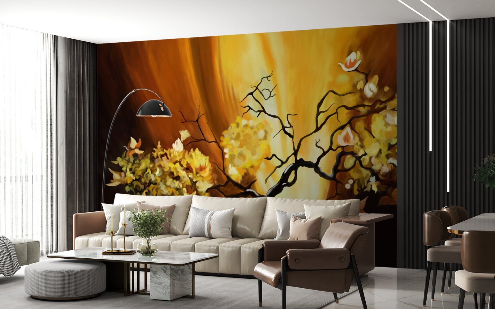 Papier peint arbre en fleurs au bord du coucher de soleil