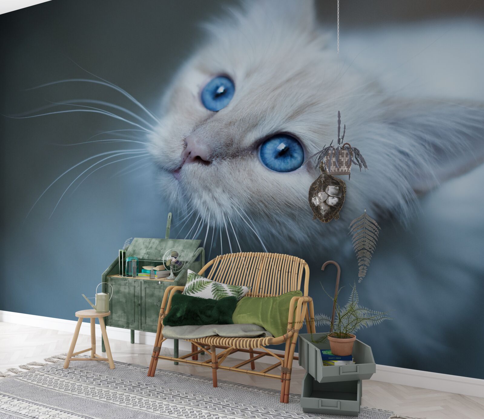 Papier peint chaton à la fourrure blanche et aux yeux bleus