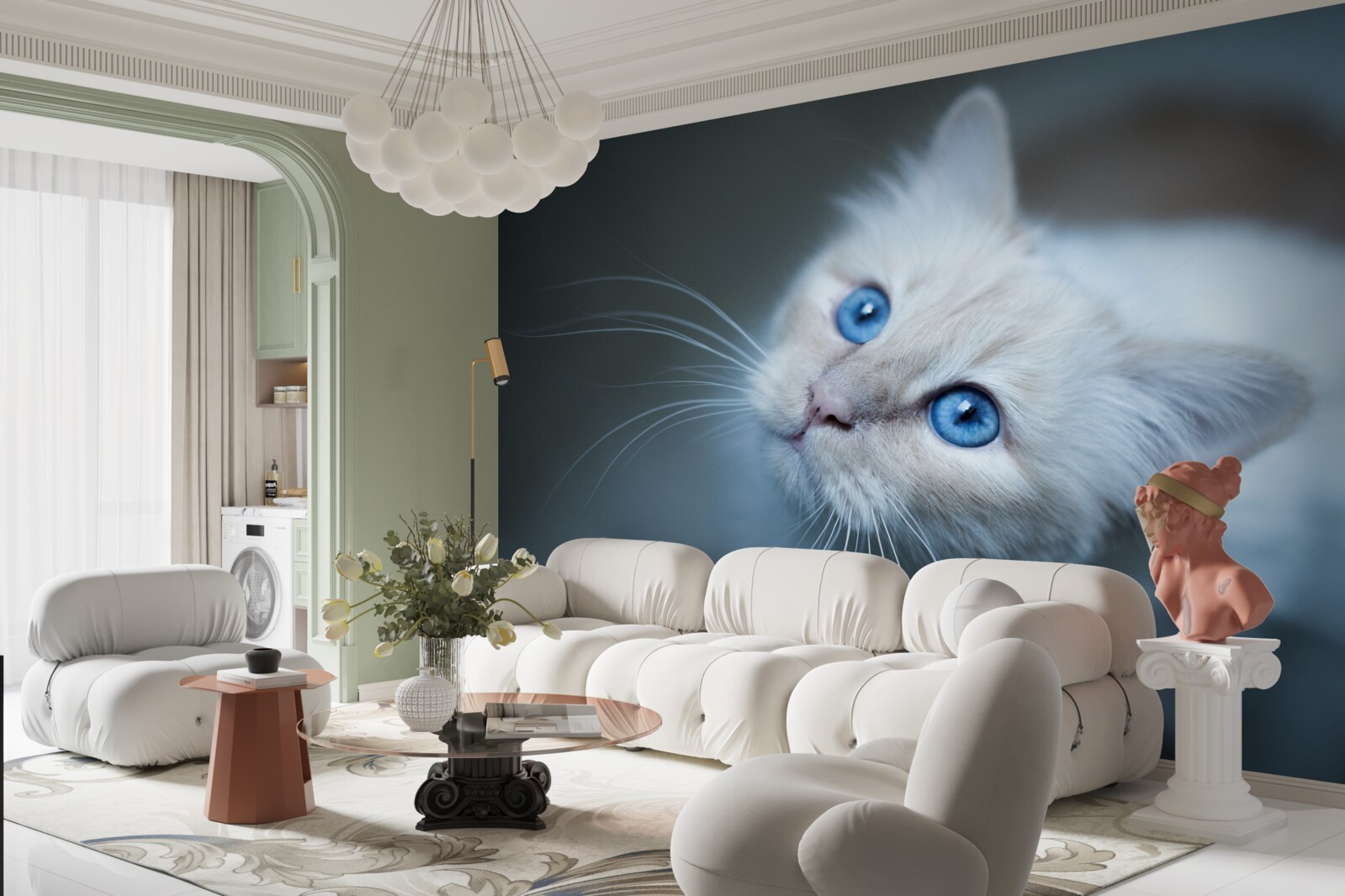 Papier peint chaton à la fourrure blanche et aux yeux bleus