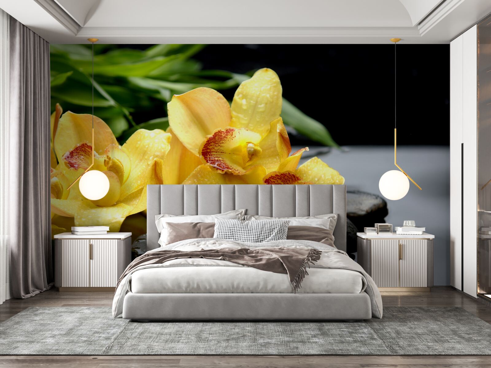 Papier peint bouquet d'orchidées jaunes délicates