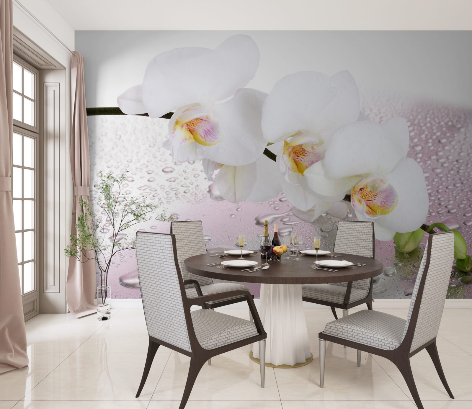 Papier peint branche d'orchidée blanche mouillée décorée de gouttes d'eau