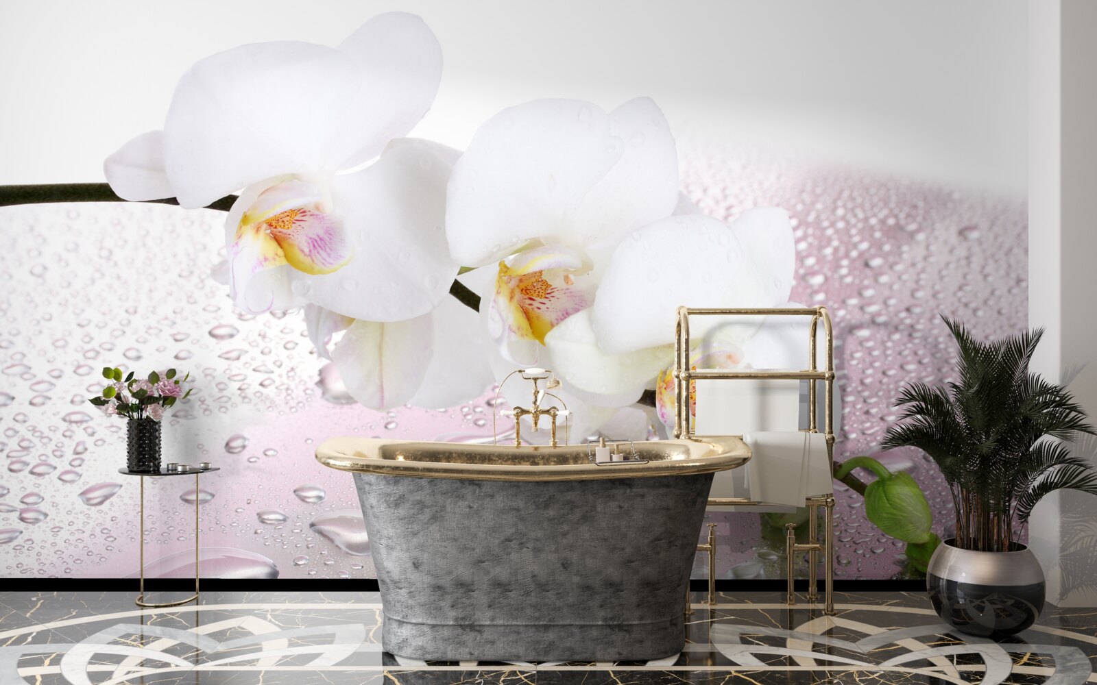 Papier peint branche d'orchidée blanche mouillée décorée de gouttes d'eau