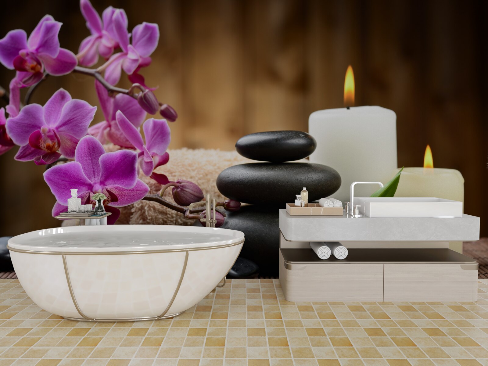 Papier peint orchidée entourée de bougies et de pierres