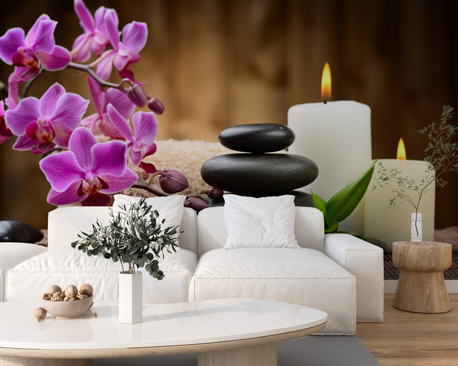 Papier peint orchidée entourée de bougies et de pierres