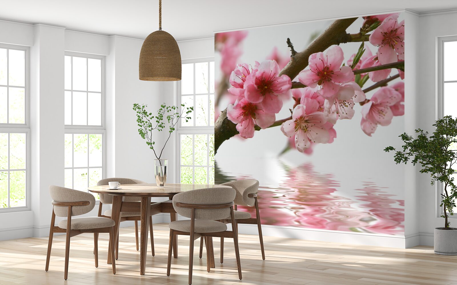 Papier peint branche de sakura rose suspendue au-dessus de l'eau