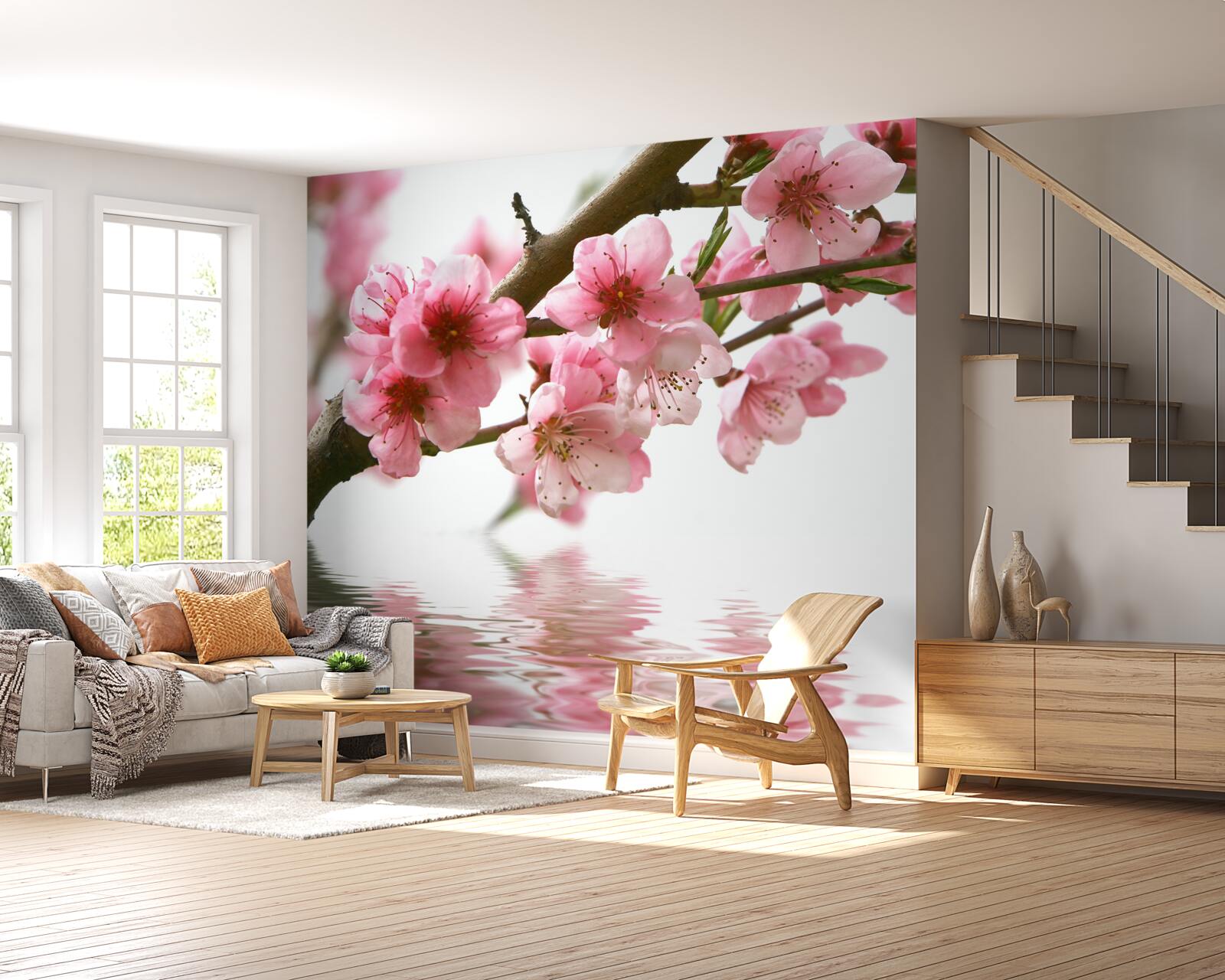 Papier peint branche de sakura rose suspendue au-dessus de l'eau