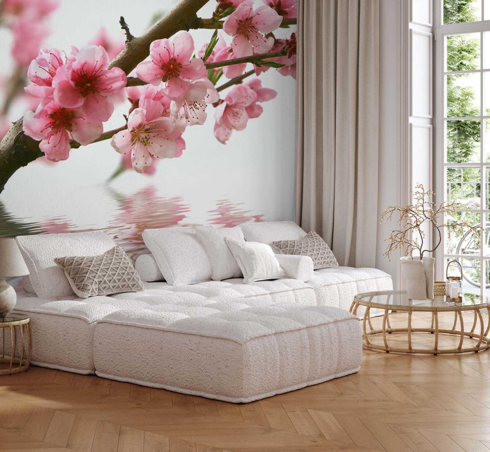 Papier peint branche de sakura rose suspendue au-dessus de l'eau