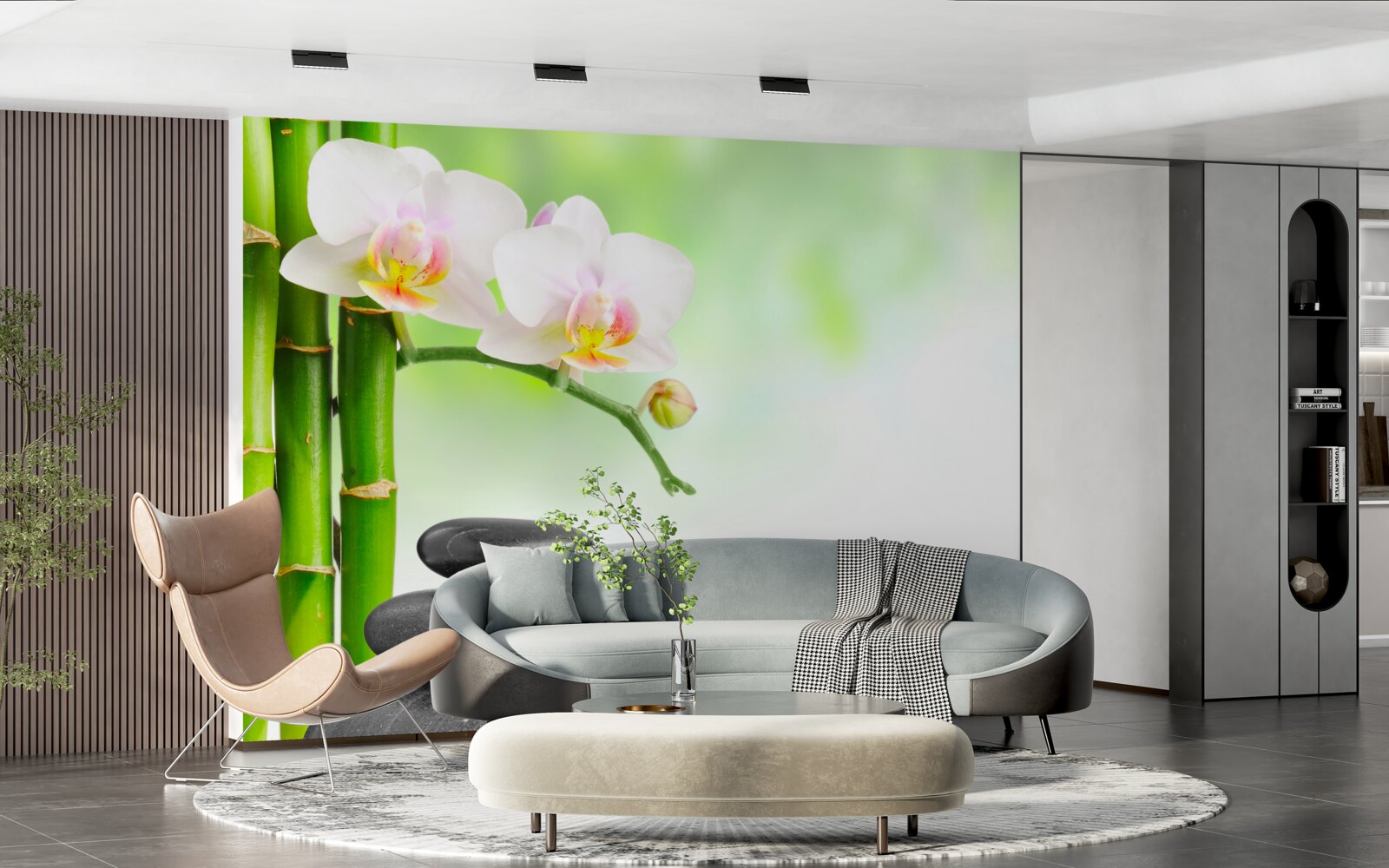 Papier peint orchidée blanche, pierres et bambou