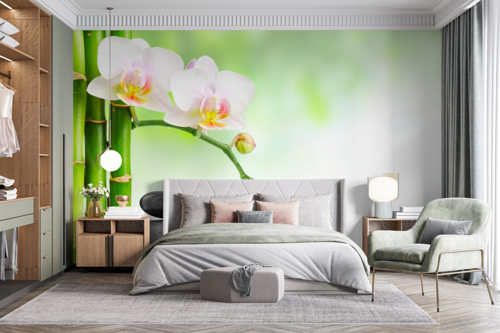 Papier peint orchidée blanche, pierres et bambou