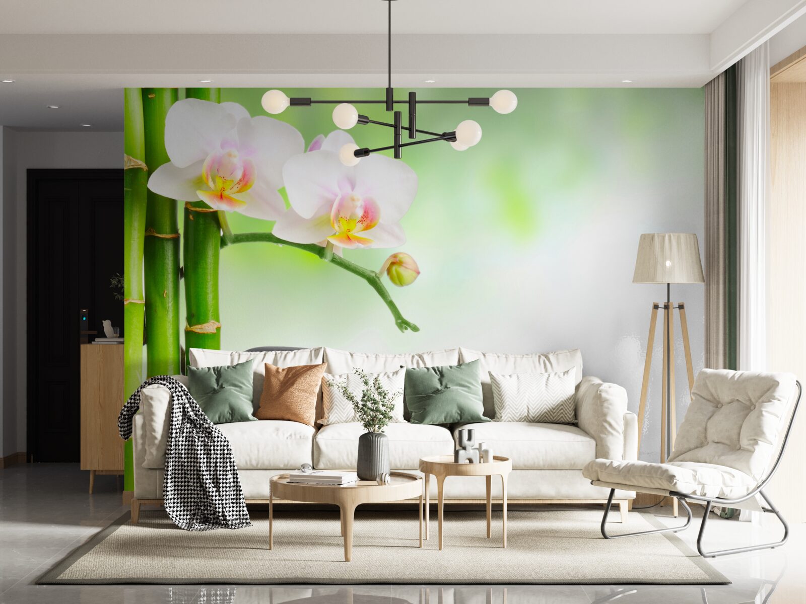 Papier peint orchidée blanche, pierres et bambou