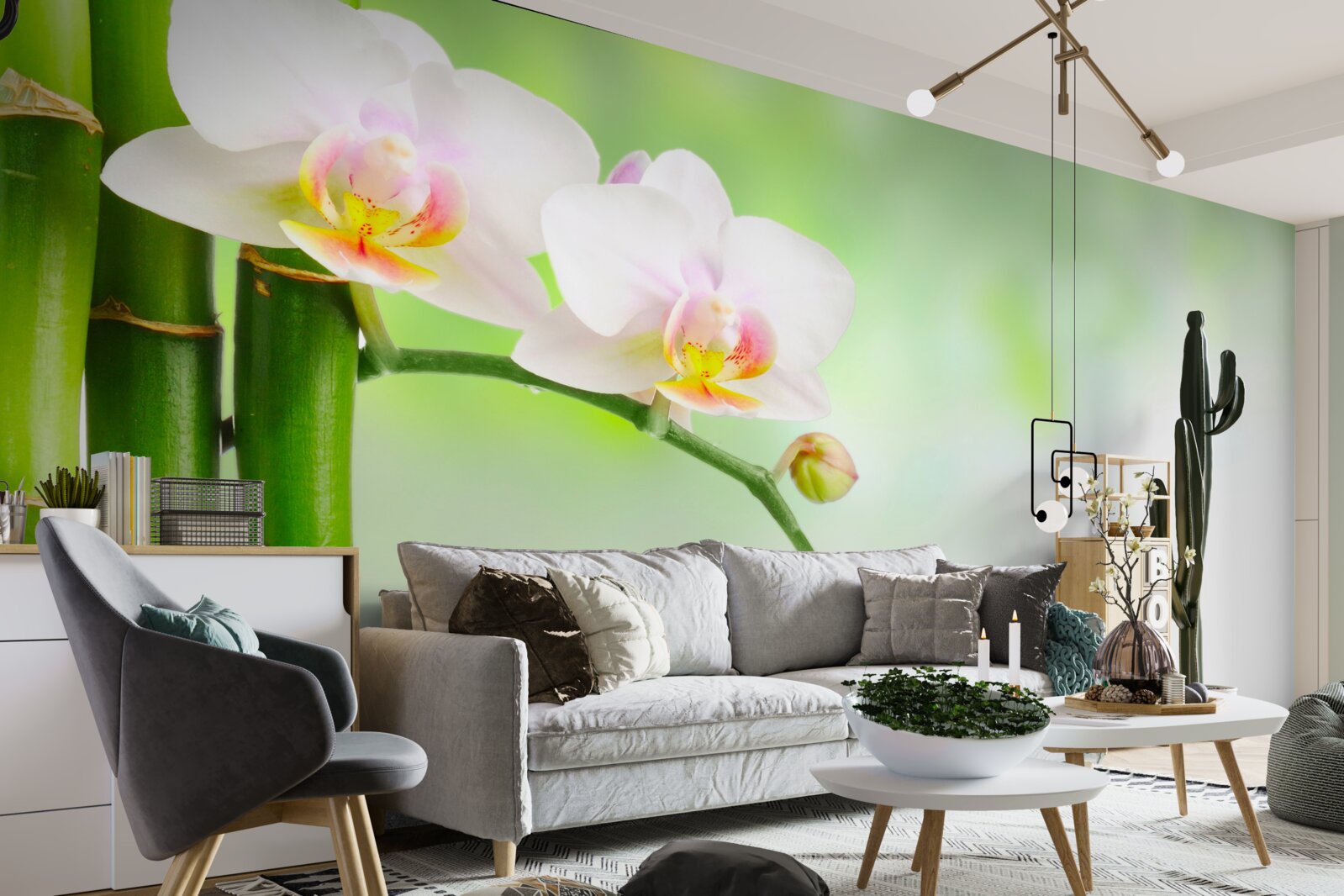 Papier peint orchidée blanche, pierres et bambou