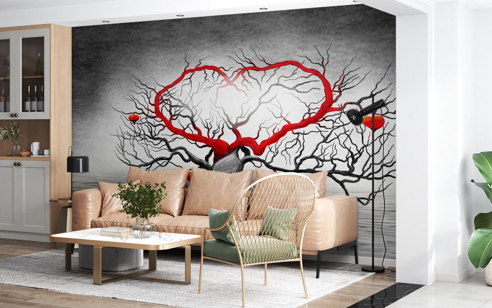Papier peint grand cœur rouge et ébène