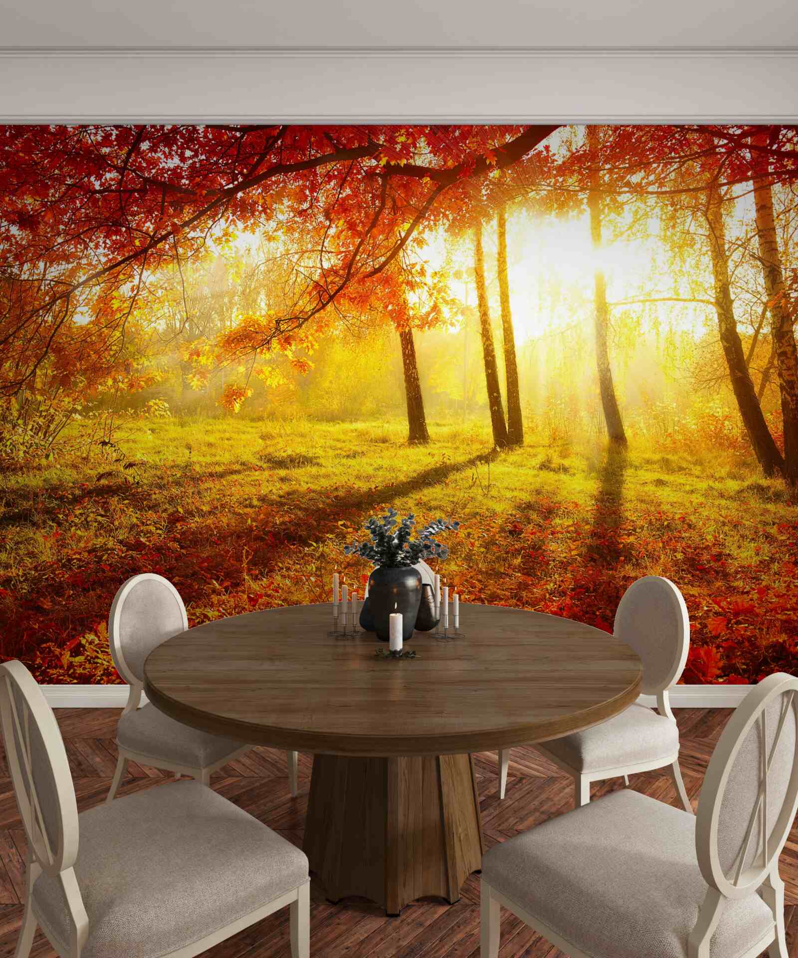 Papier peint de froids rayons de soleil percent la brume d'automne