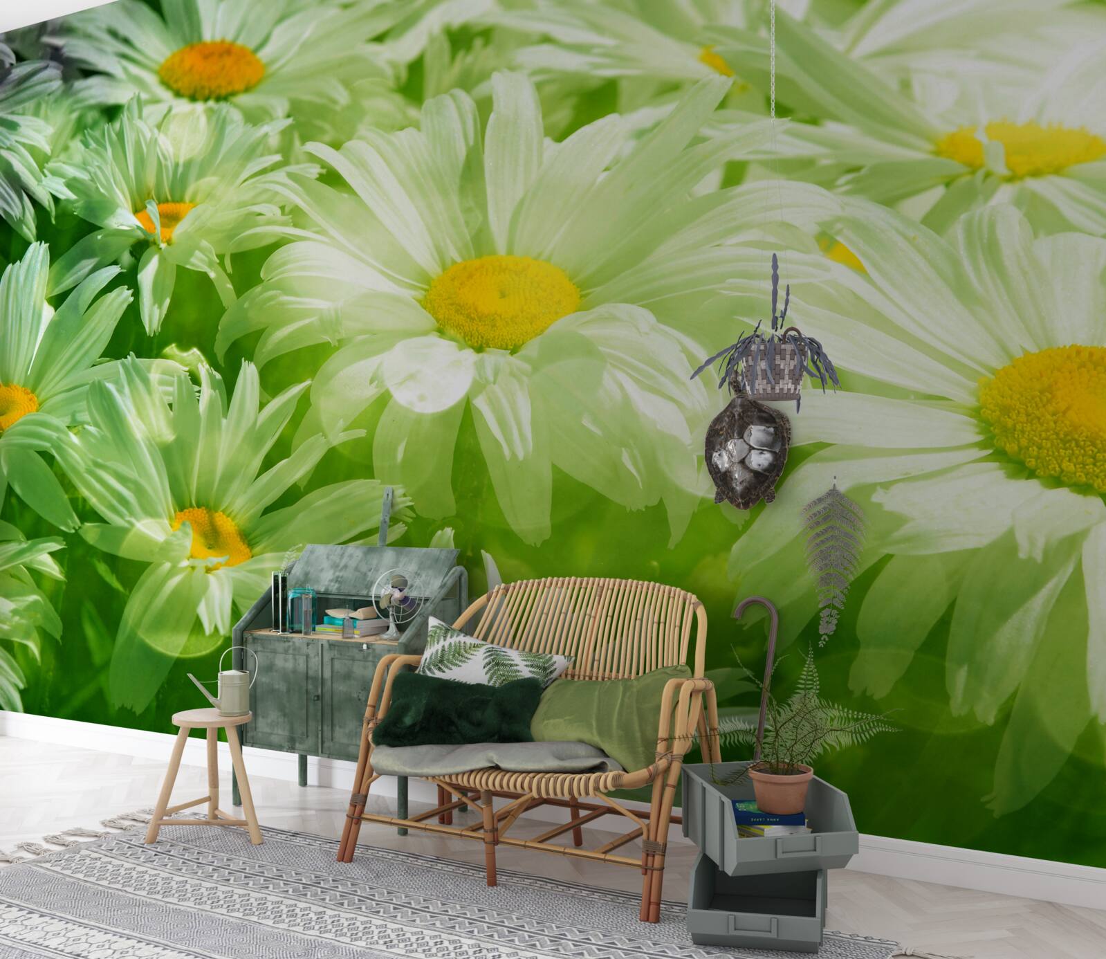 Papier peint des marguerites douces parmi la verdure