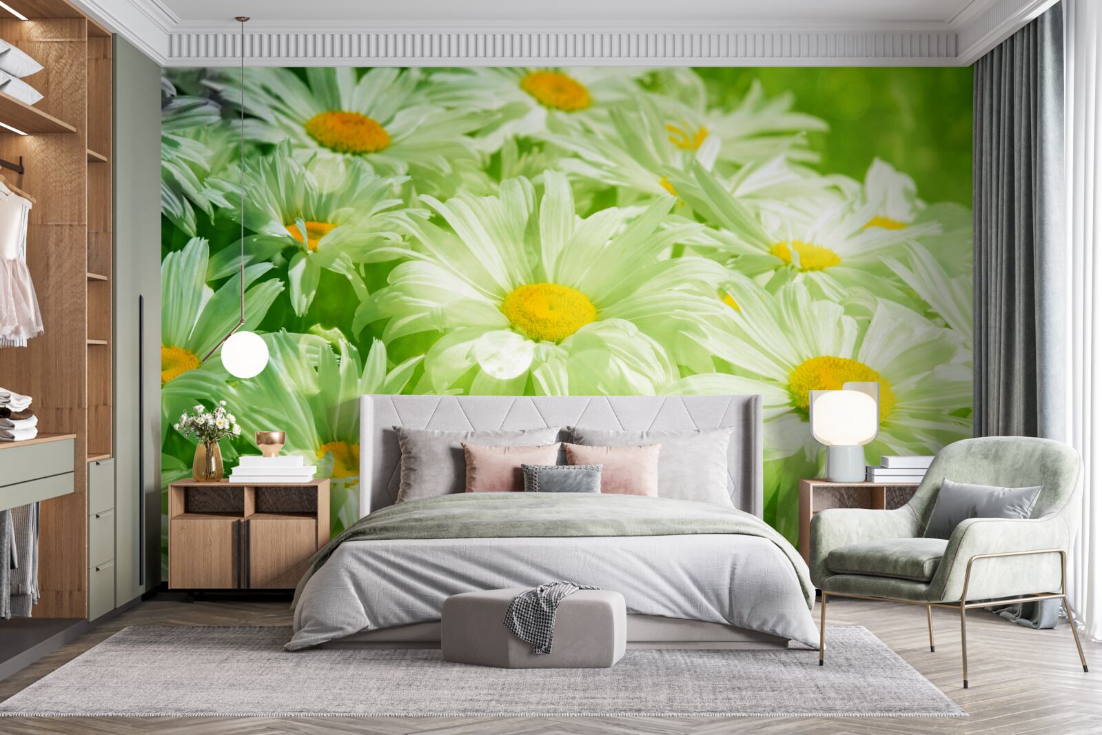 Papier peint des marguerites douces parmi la verdure