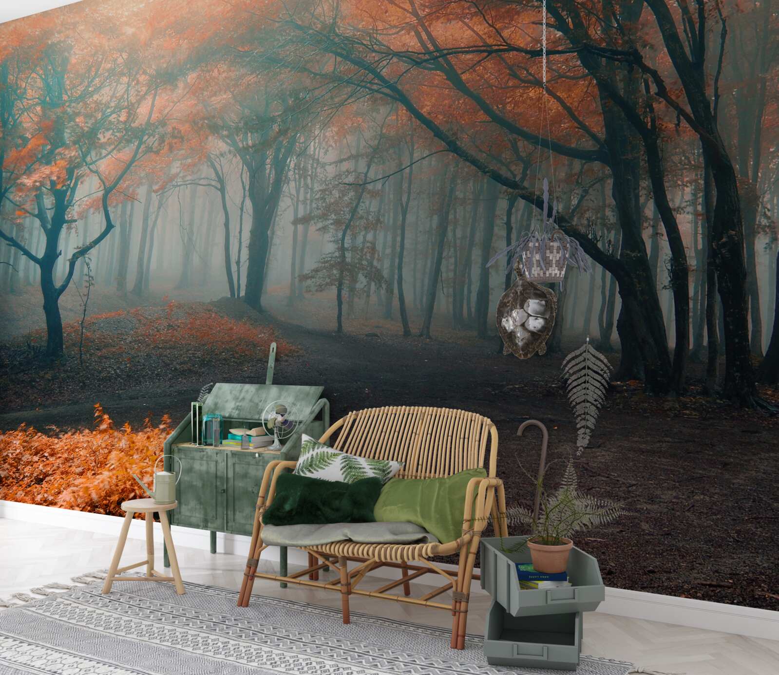Papier peint Un sentier dans une forêt d'automne enveloppée de brume