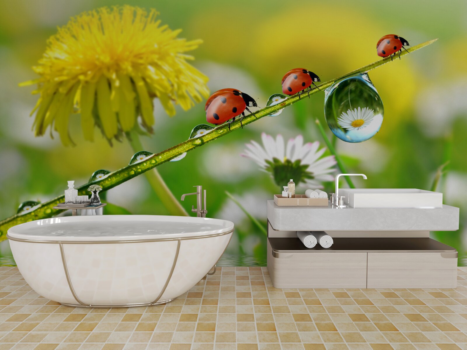 Papier peint coccinelle et pissenlit après l'orage