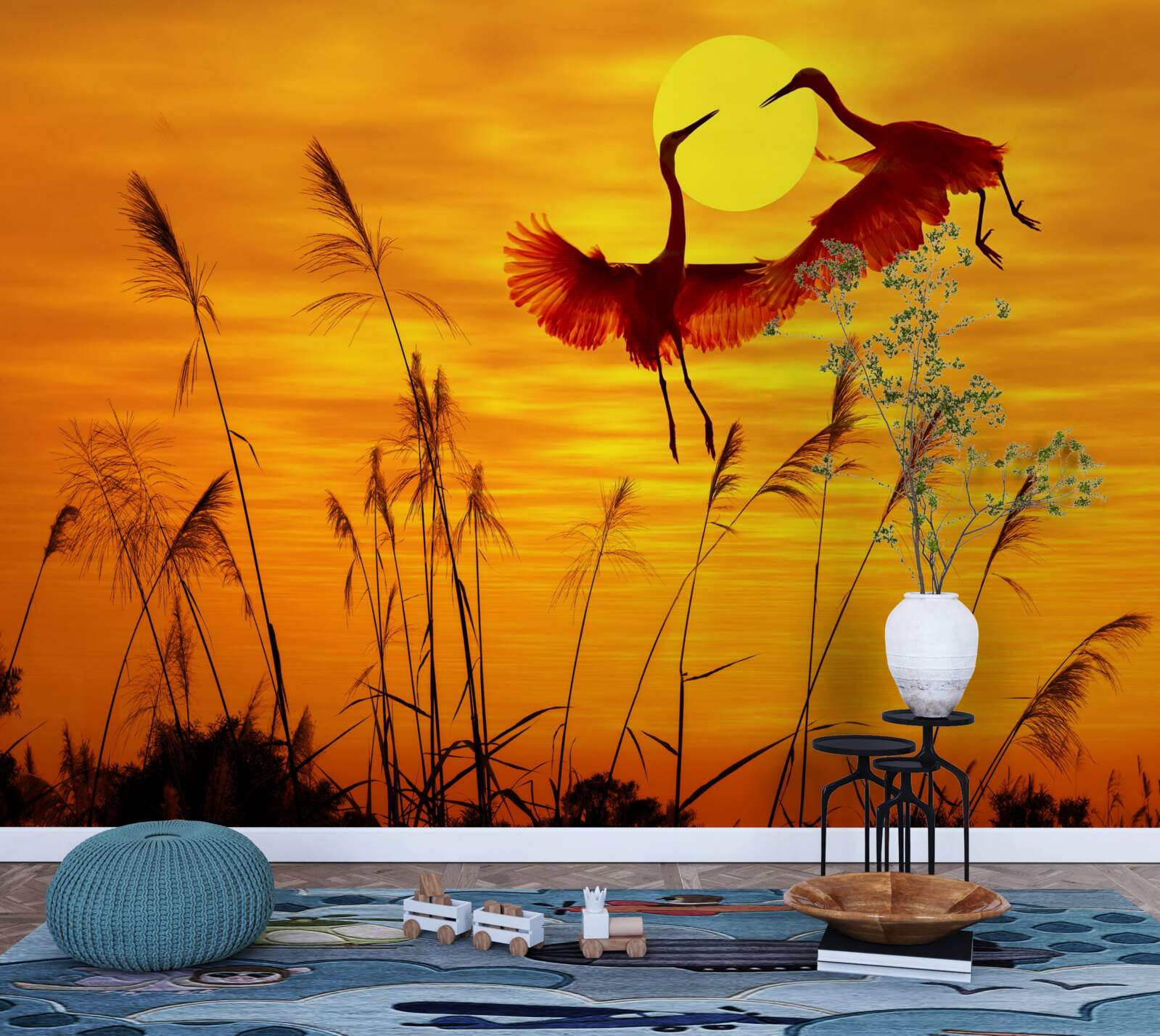 Papier peint le coucher de soleil est accompagné d'une volée de grues