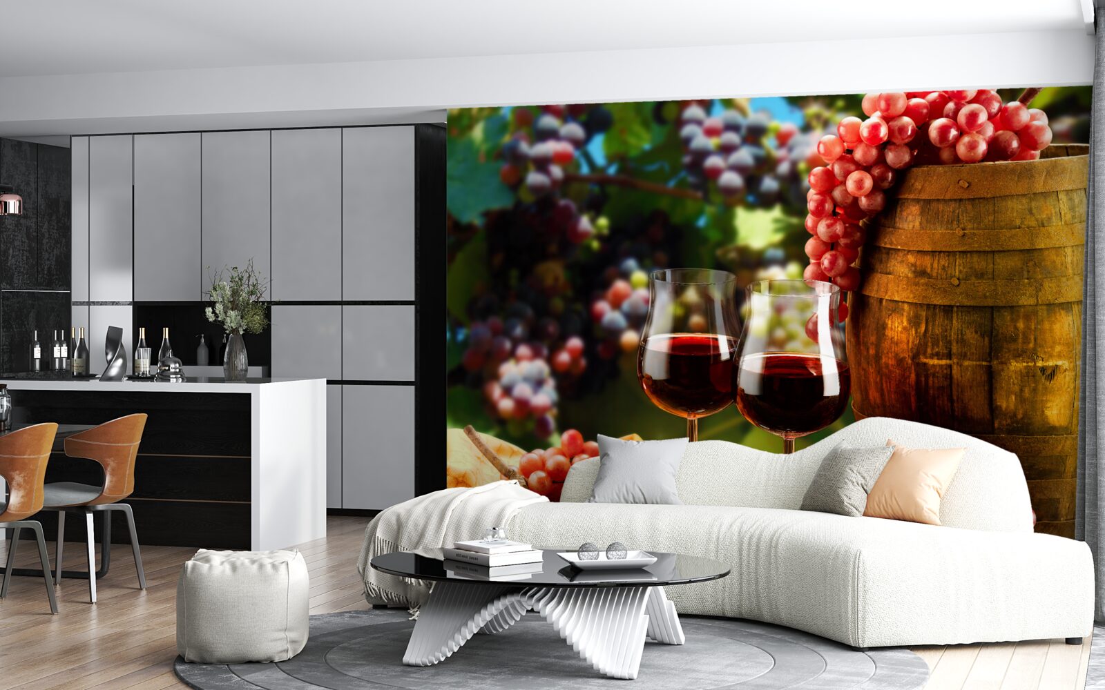 Papier peint les grappes de raisin forment la toile de fond des verres à vin remplis de vin