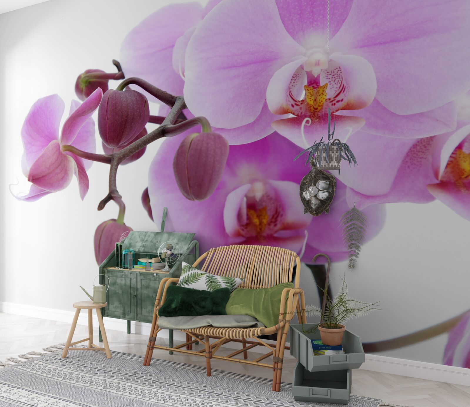 Papier peint orchidée dans les tons de violet avec boutons floraux