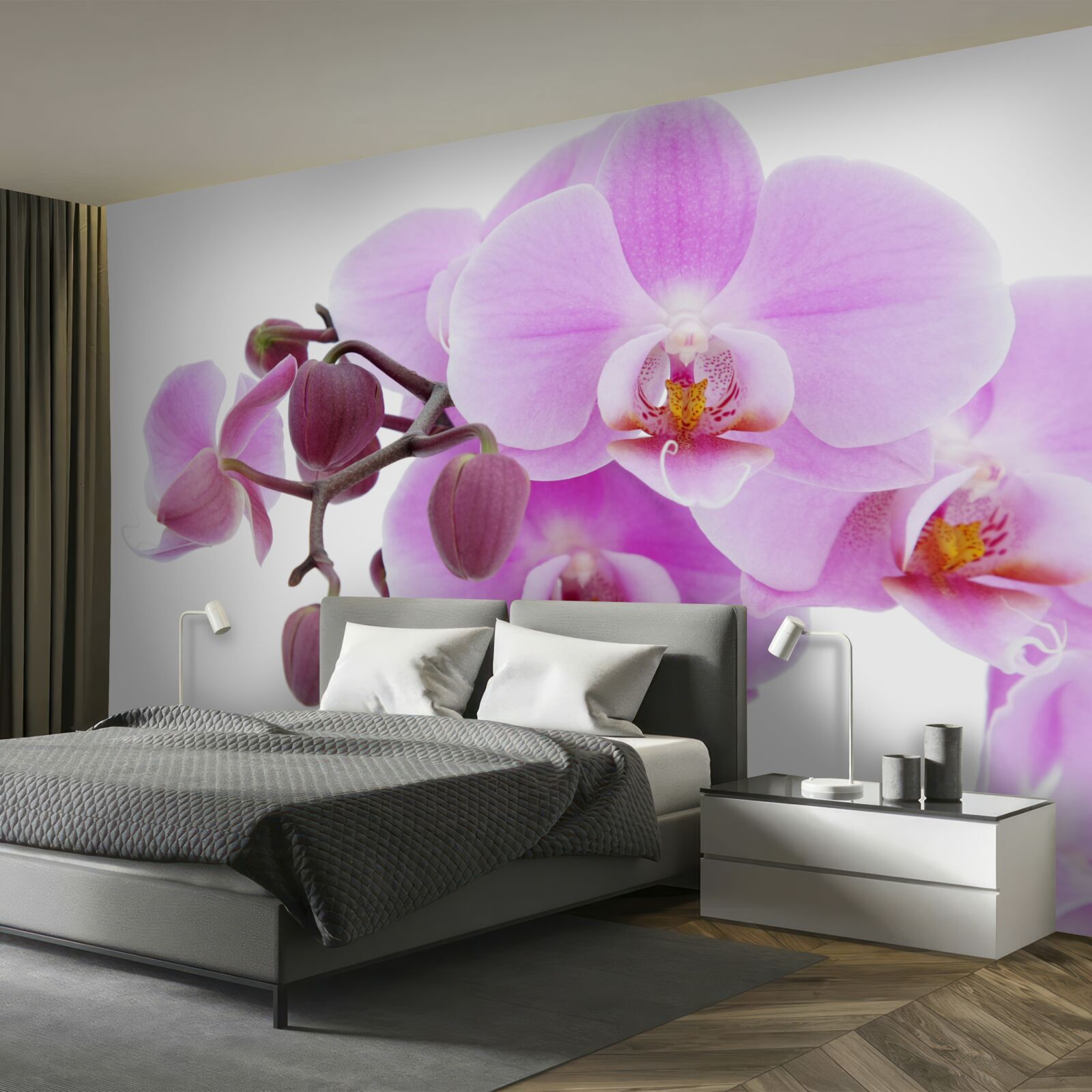 Papier peint orchidée dans les tons de violet avec boutons floraux