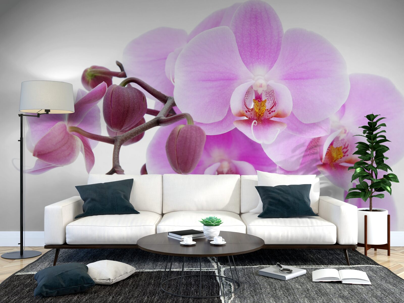 Papier peint orchidée dans les tons de violet avec boutons floraux
