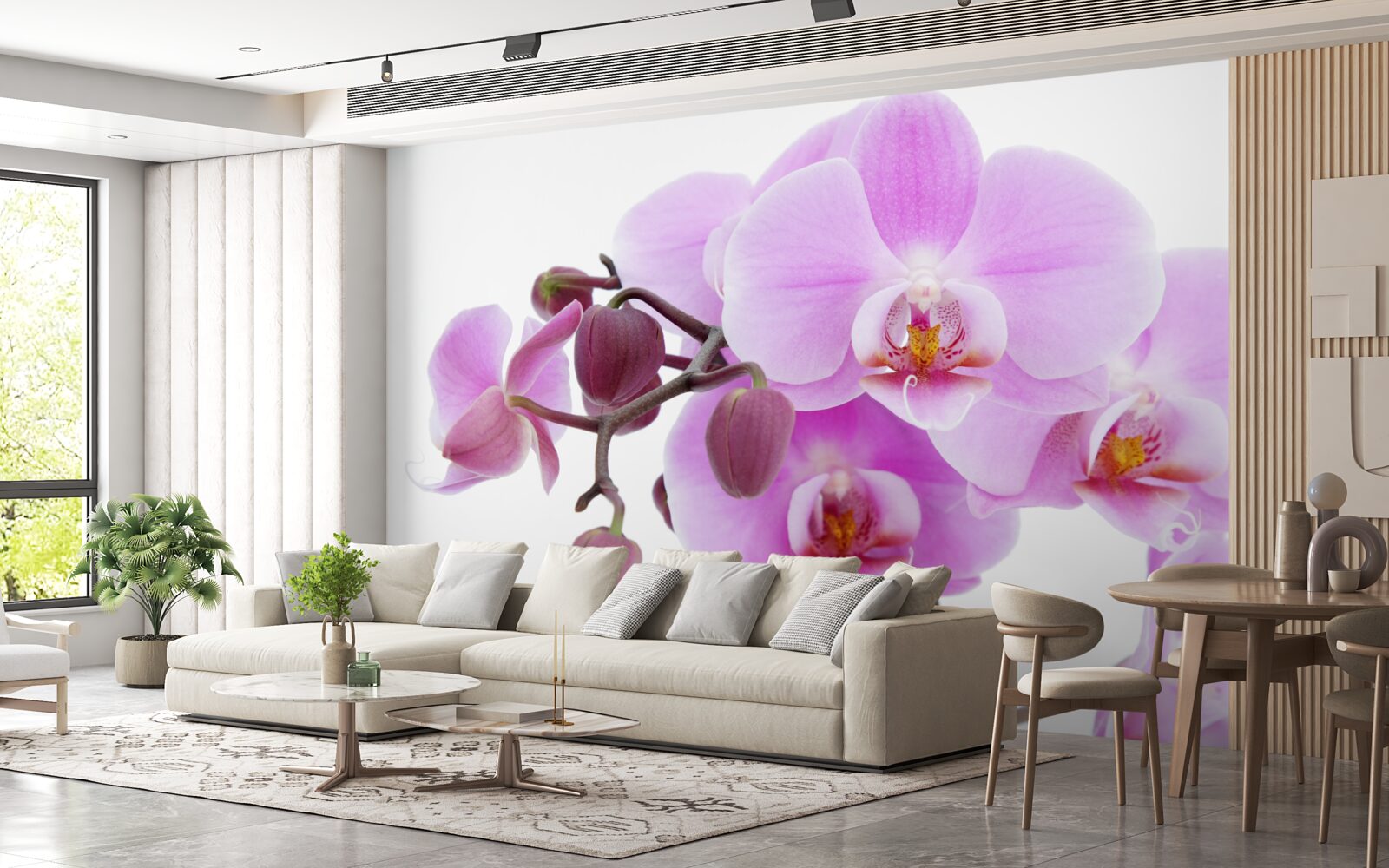Papier peint orchidée dans les tons de violet avec boutons floraux