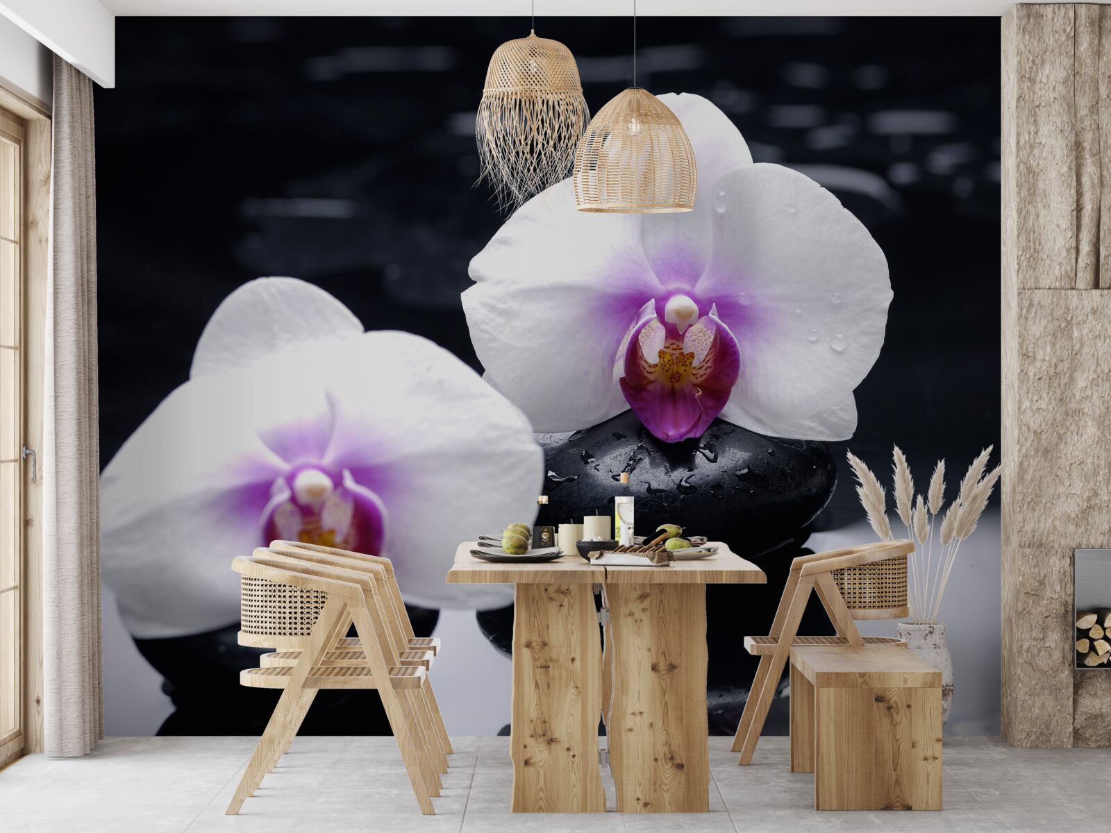 Papier peint Orchidée blanche posée sur des blocs noirs