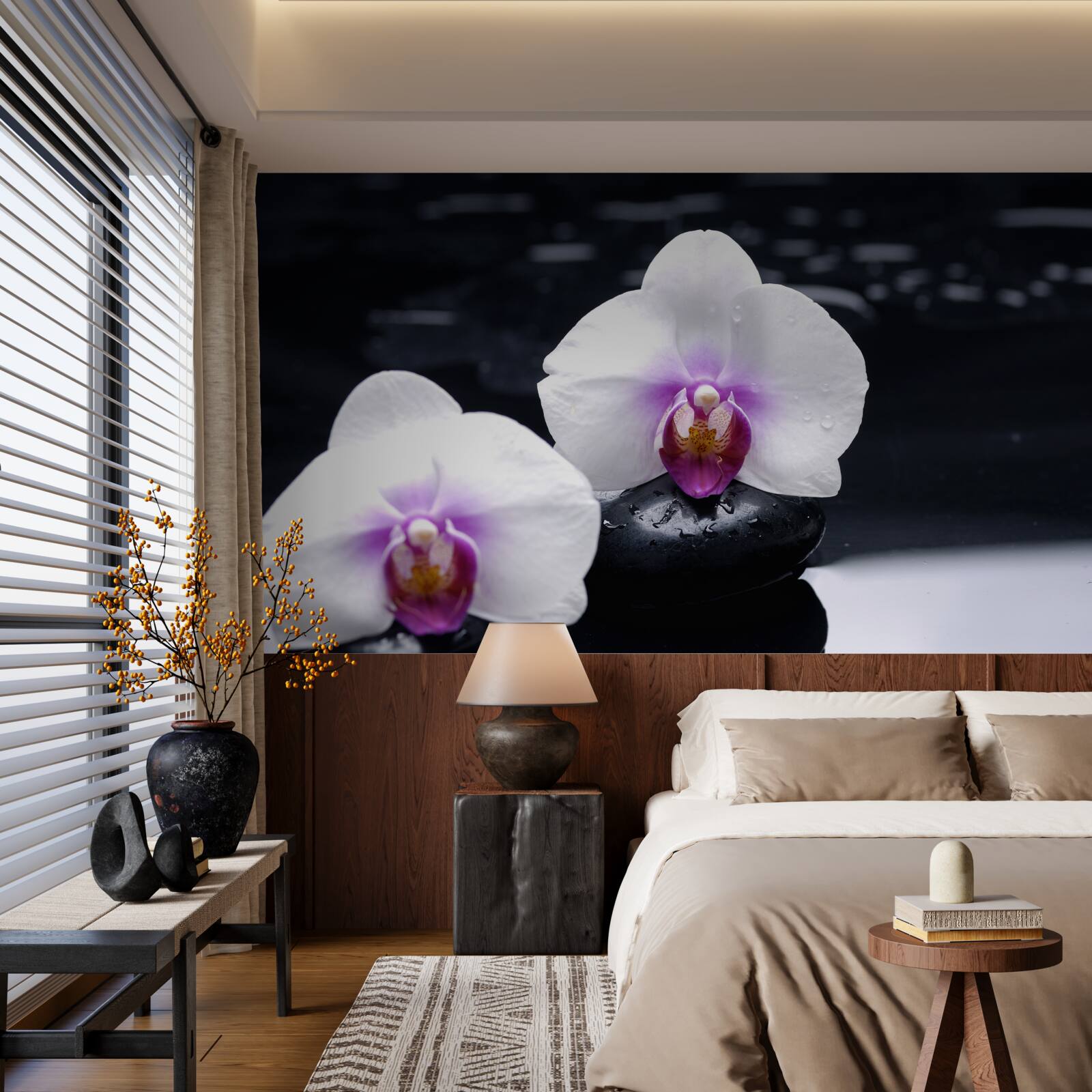 Papier peint Orchidée blanche posée sur des blocs noirs
