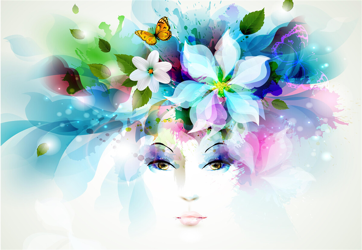 Papier peint fille avec des fleurs dans les cheveux, représentant l'abstraction
