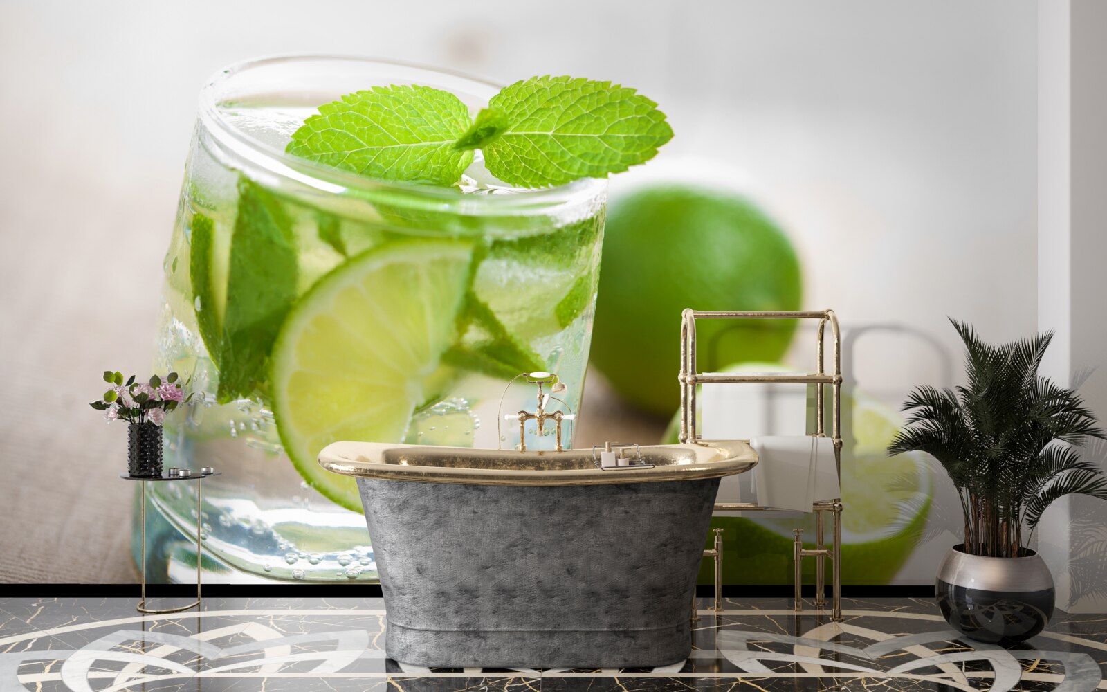 Papier peint verre d'eau avec du citron vert et de la menthe