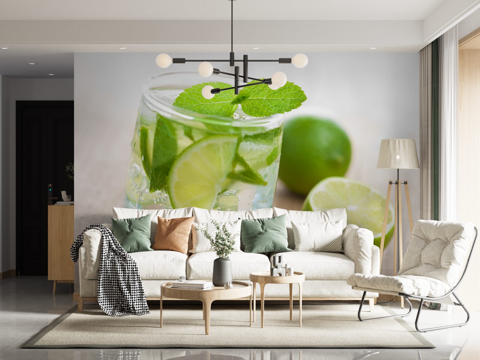 Papier peint verre d'eau avec du citron vert et de la menthe