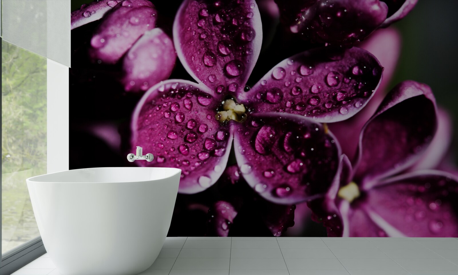 Papier peint de minuscules gouttelettes sur les fleurs avec une légère teinte violette