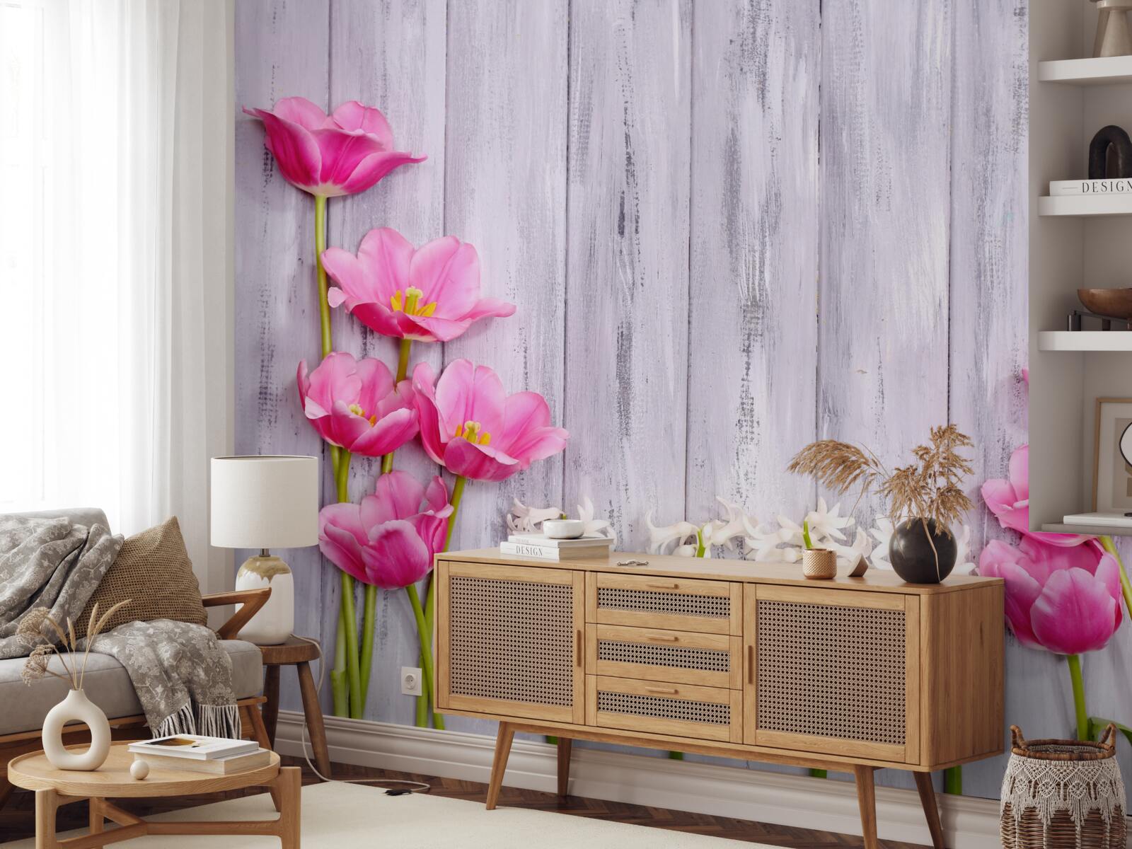 Papier peint tulipes roses poussant sur un arbre