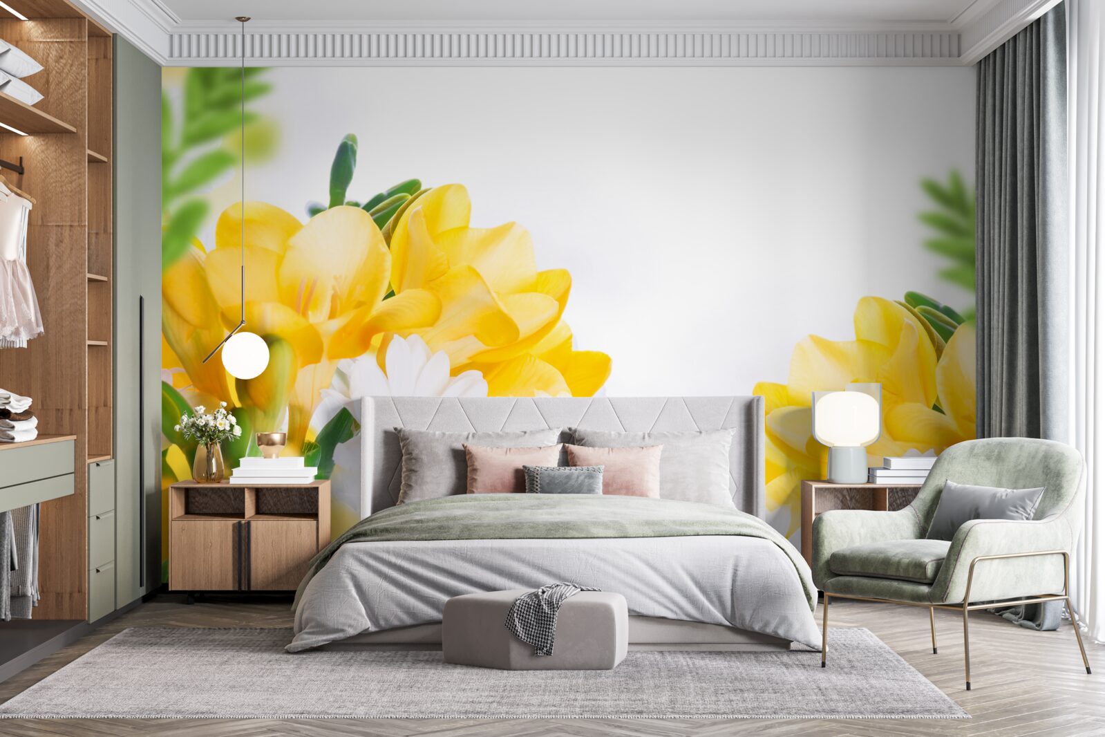 Papier peint marguerites blanches et freesia jaune