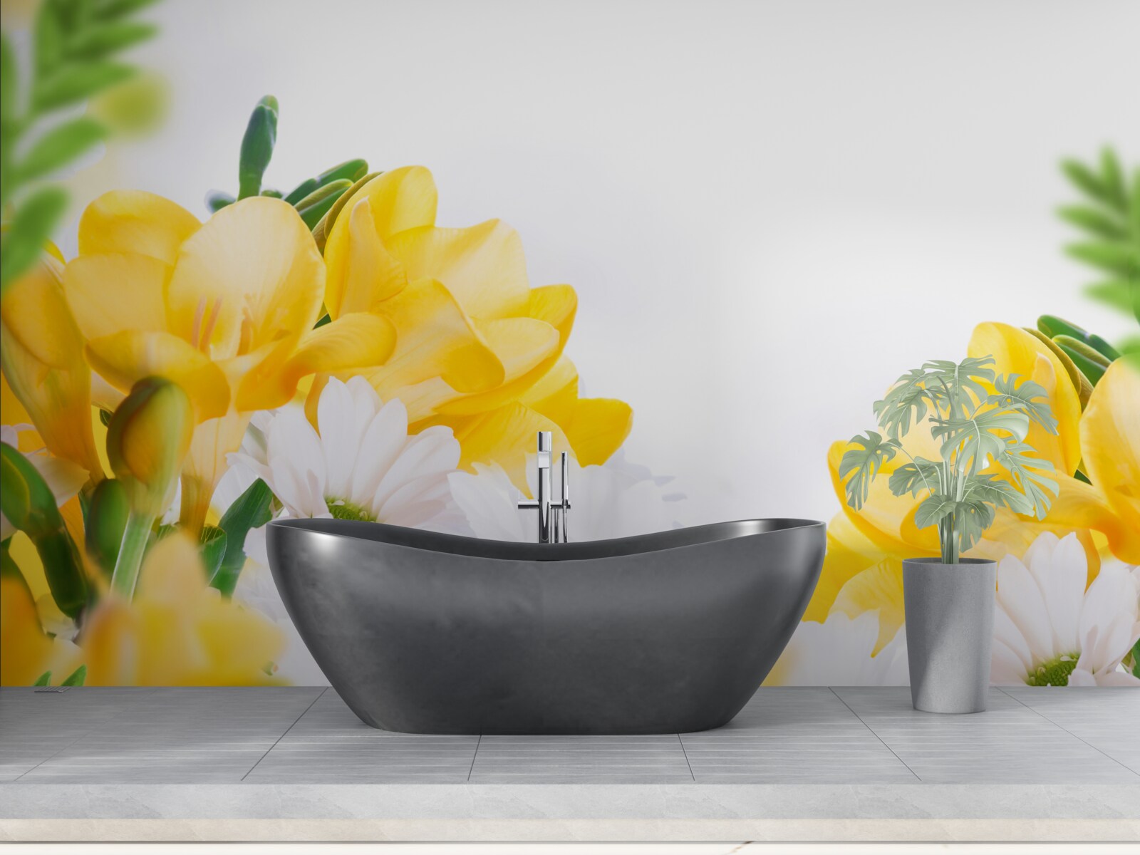 Papier peint marguerites blanches et freesia jaune