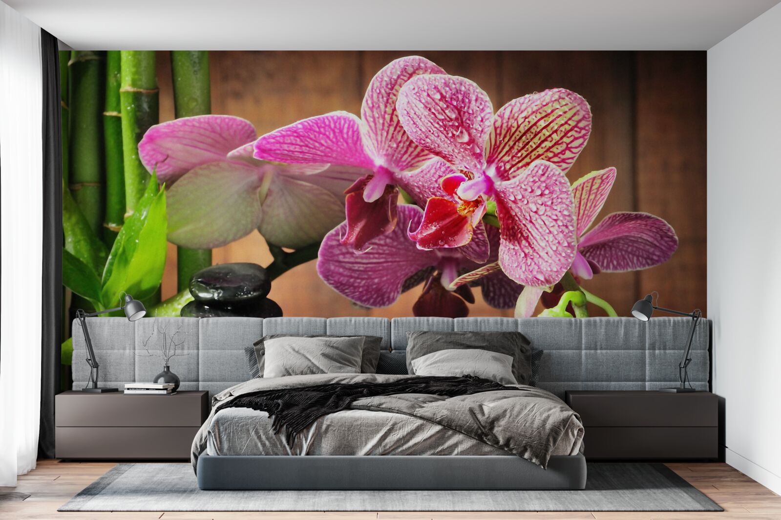 Papier peint orchidée pourpre parmi les pierres