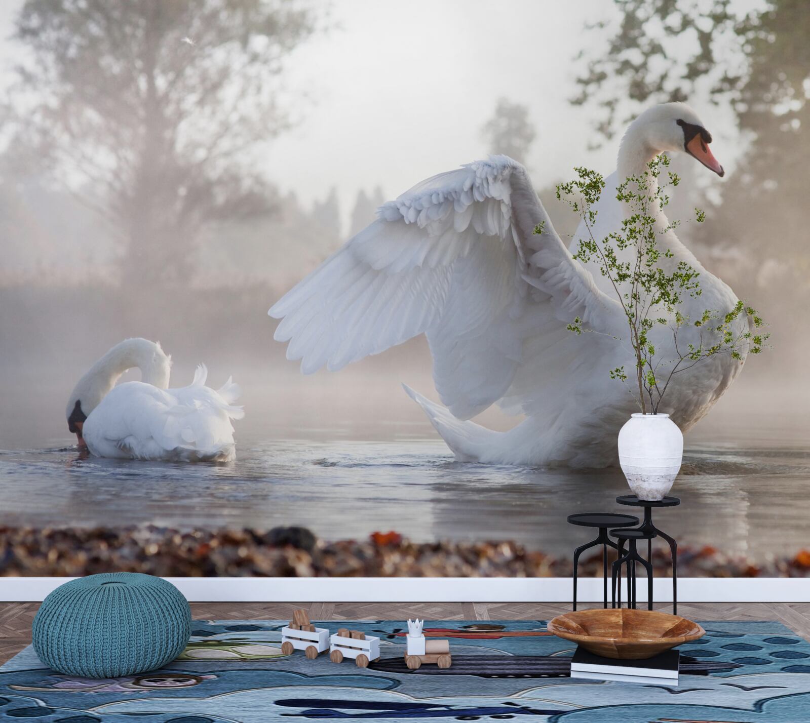 Papier peint majestueux cygne blanc comme neige flottant sur l'eau