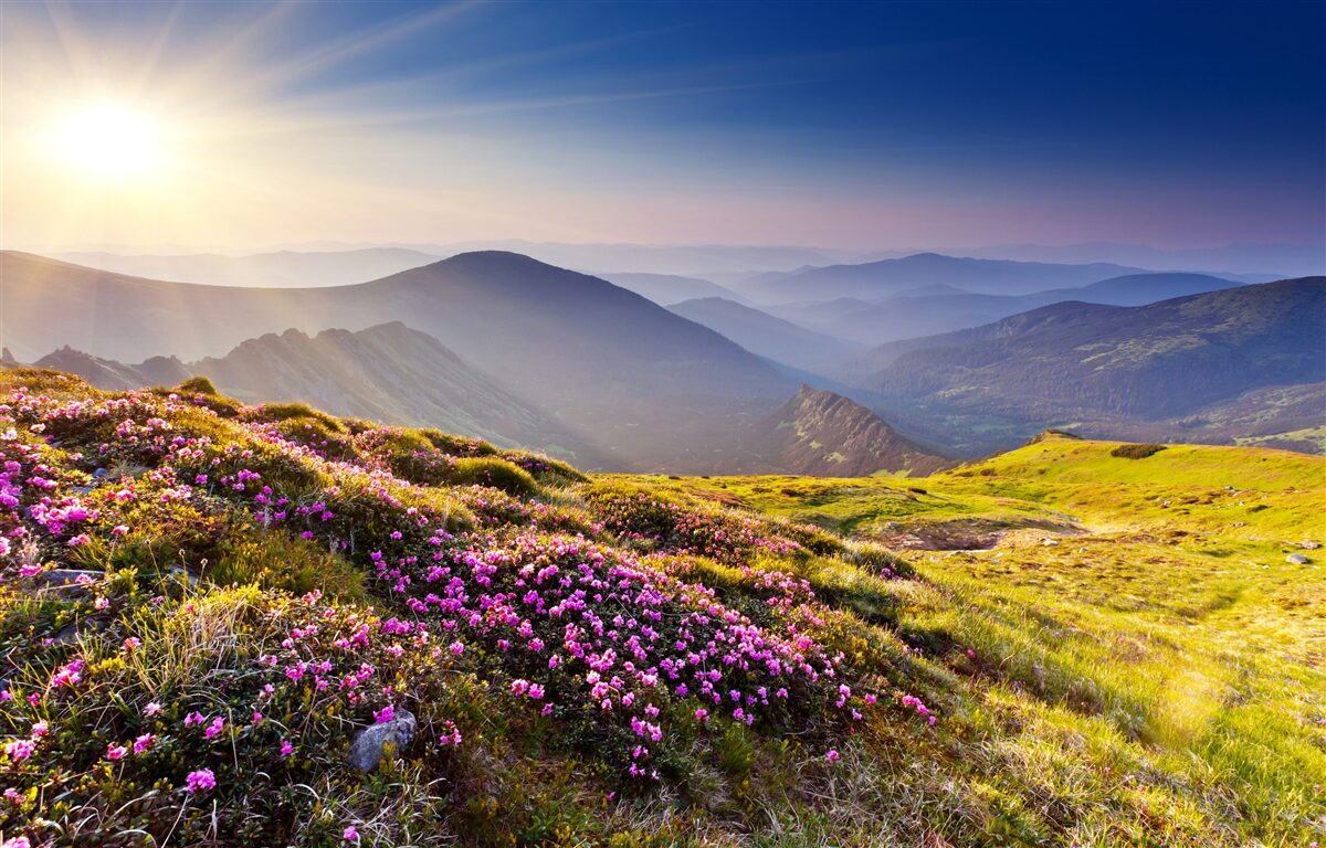 Papier peint sommet de montagne dans le paysage au lever du soleil