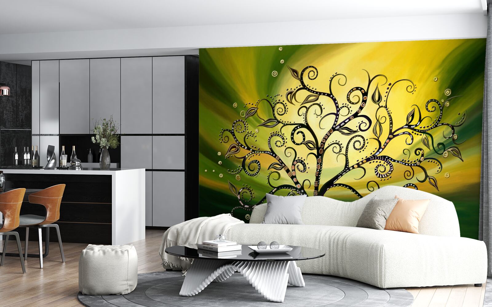 Papier peint arbre avec des motifs sur un ciel vert au coucher du soleil