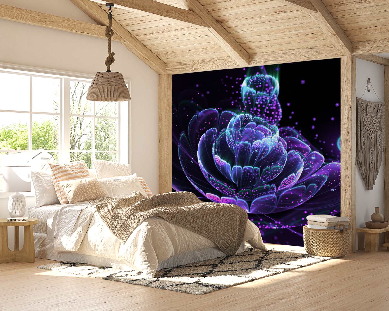 Papier peint fleur bleue abstraite sur fond noir